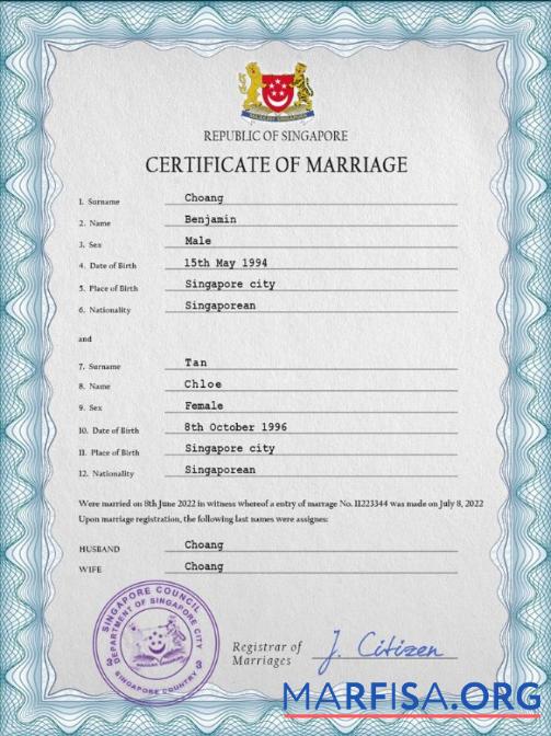 Blank Singapore marriage certificate PSD template